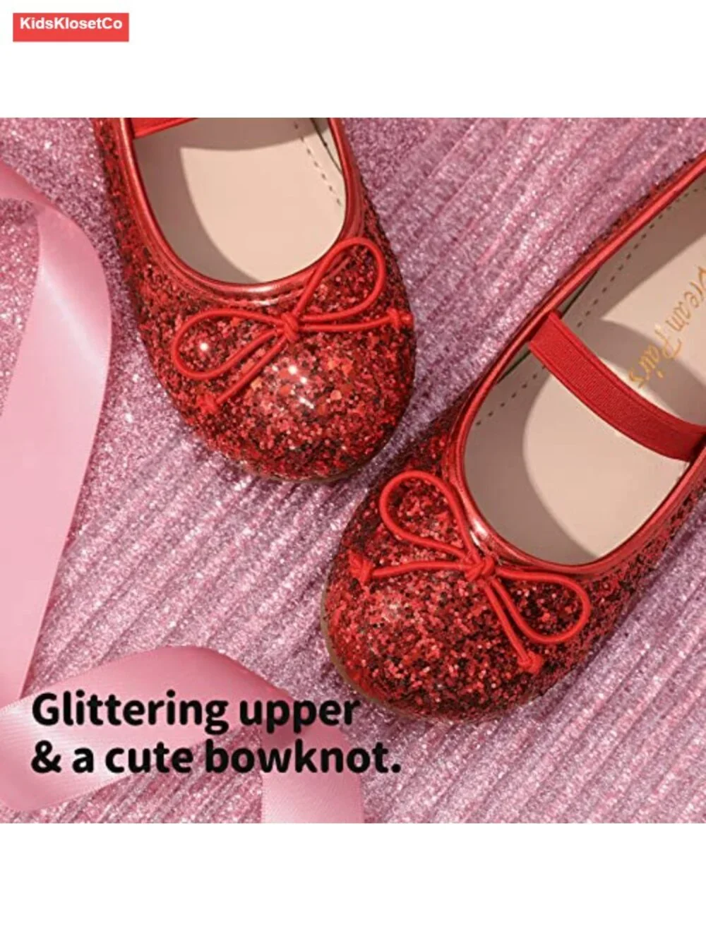 Toddler Girls Ballet Flats with Bow, Glitter Finish, Elastic Band